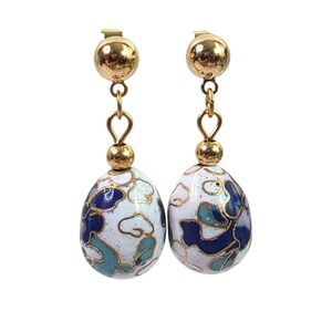 Vintage Cloisonne Earrings Floral Enamel Egg Blue White Gold Tone Chinese